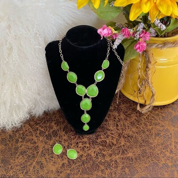 Jewelry Necklace and Earring Set Green Faux Gem Y Shaped Necklace Dangle Earring - Picture 1 of 15